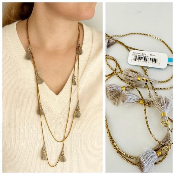 Anthropologie SHIRALEAH Lena Long Tassel Boho Wrap Necklace, Grey & Gold - Picture 7 of 12
